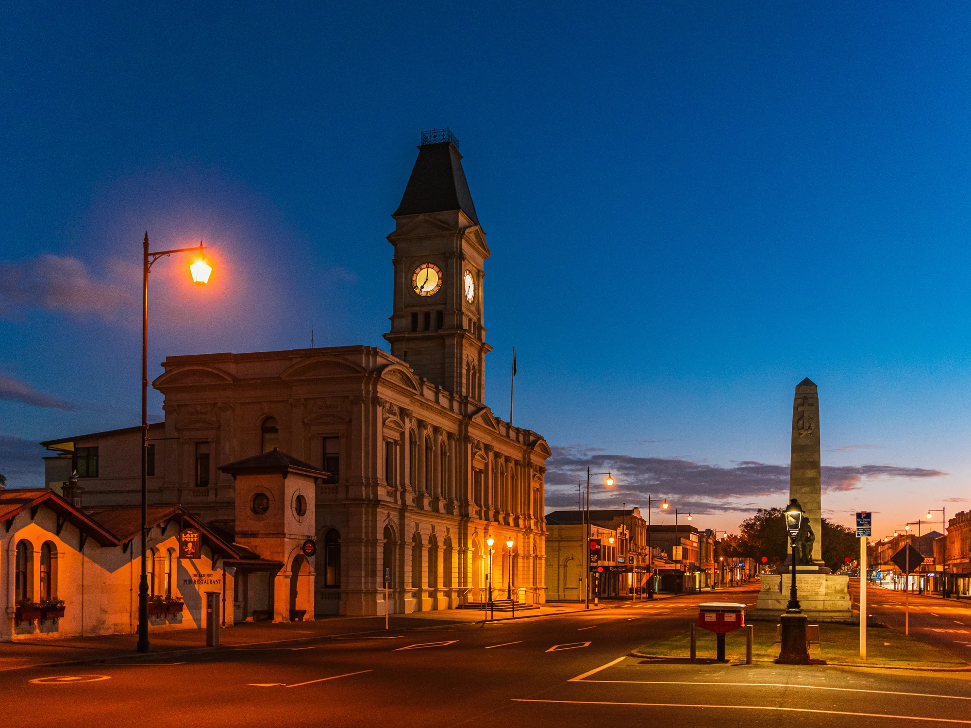 Dawn lights in Oamaru's Victorian Precinct.