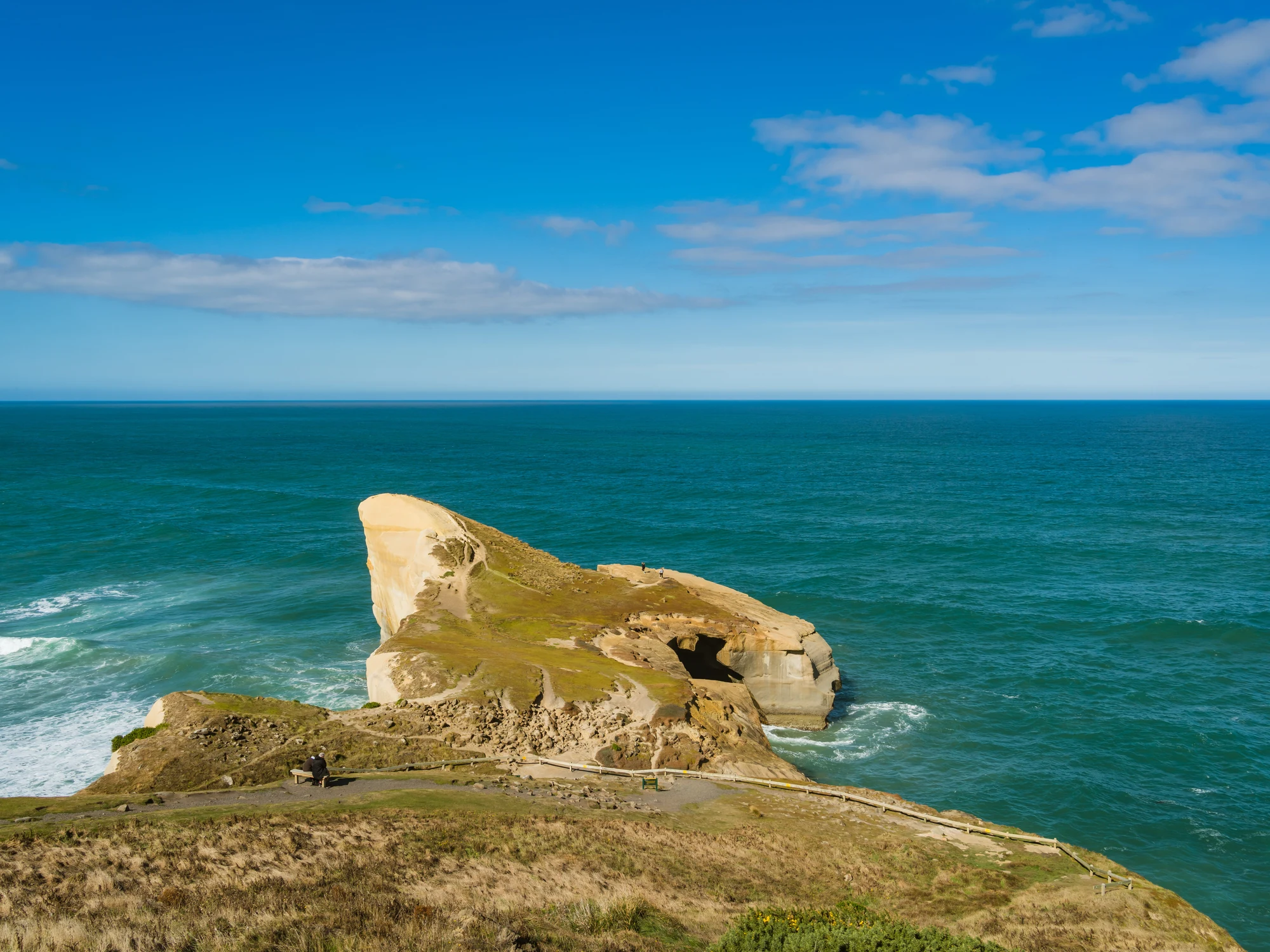 Sandstone arch and coast at Tunnel Beach.