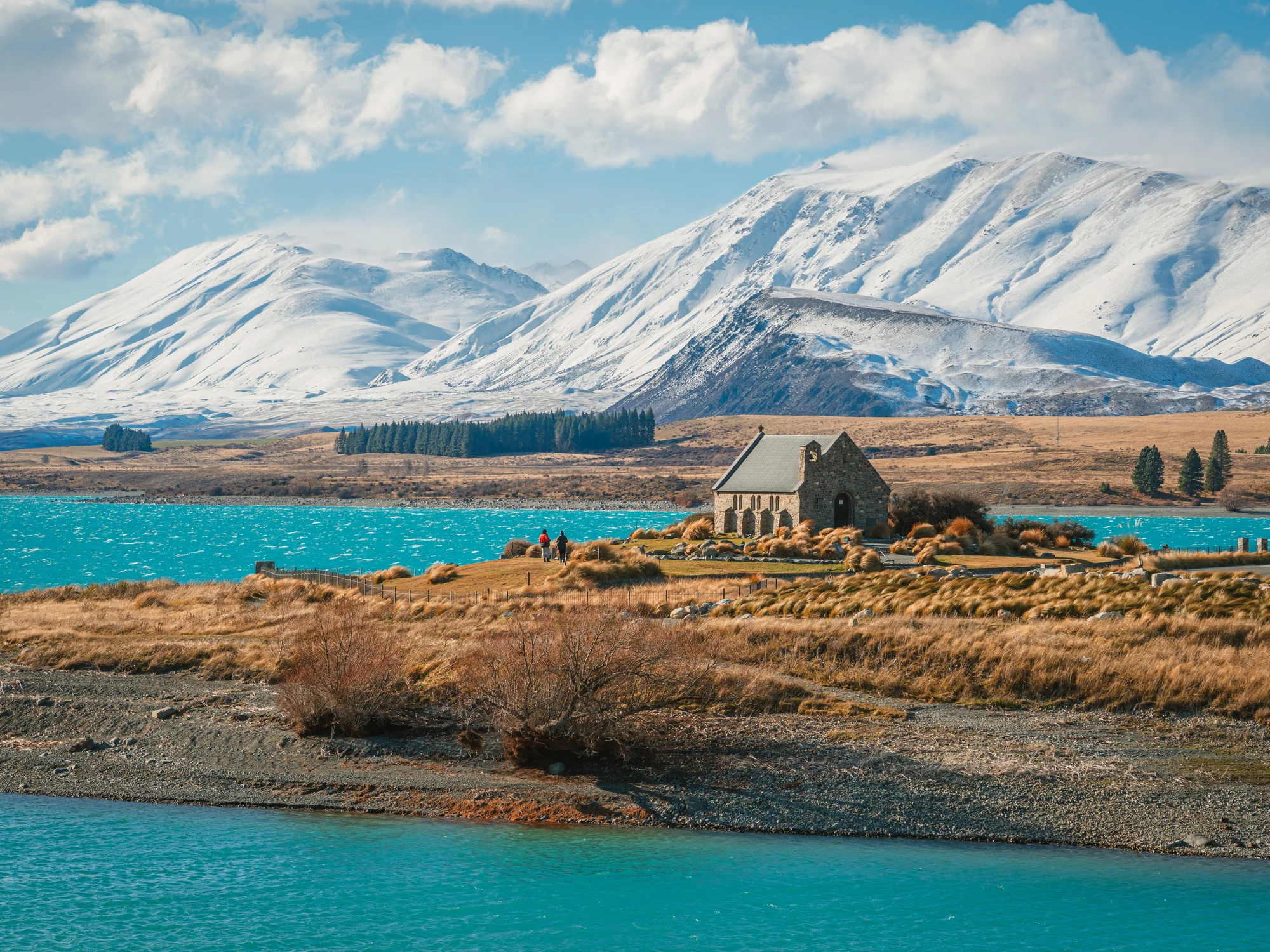 The Church of the Good Shepherd and snowy peaks