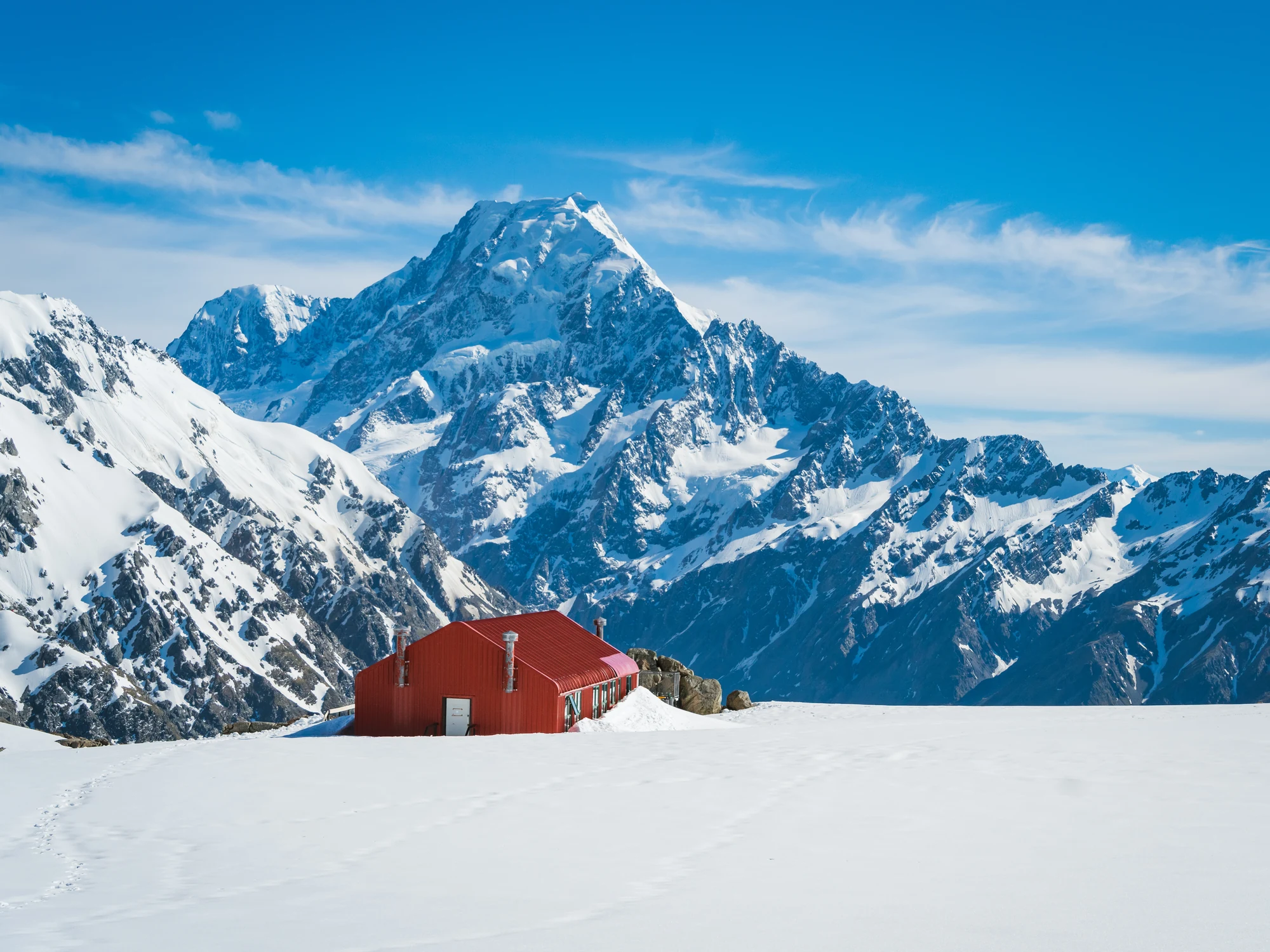 Red Mueller Hut on a snowy plateau (conditional extension)