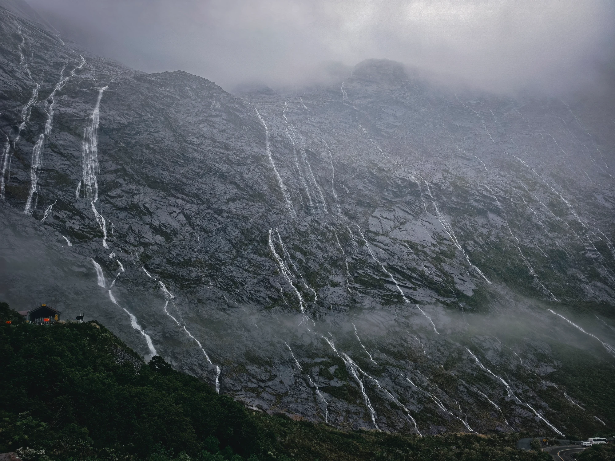 Rain and waterfalls at Milford Sound